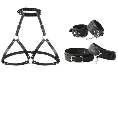 Leather Chest Harness Restraint with Cuff Set