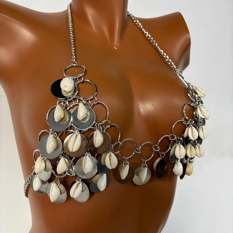 Sexy Chain Shell Bra Top with Decorative Metal Disc