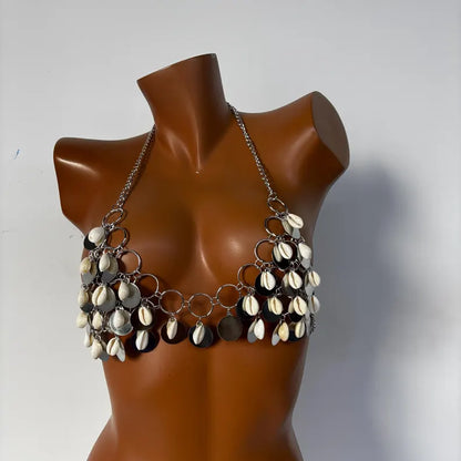 Sexy Chain Shell Bra Top with Decorative Metal Disc