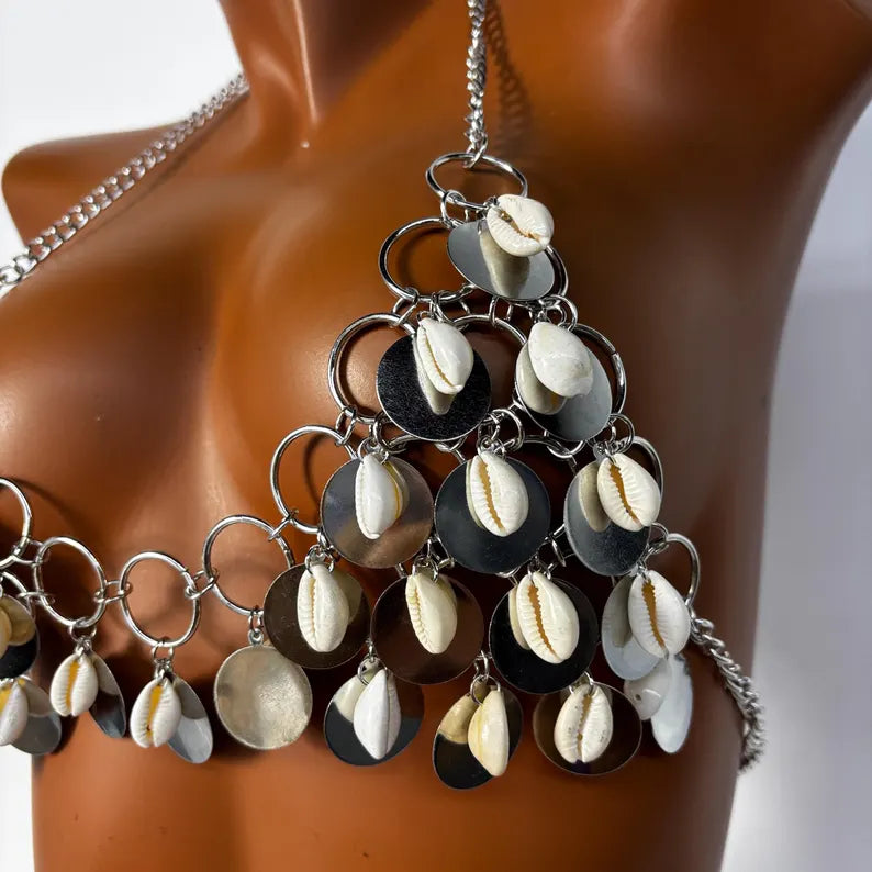 Sexy Chain Shell Bra Top with Decorative Metal Disc