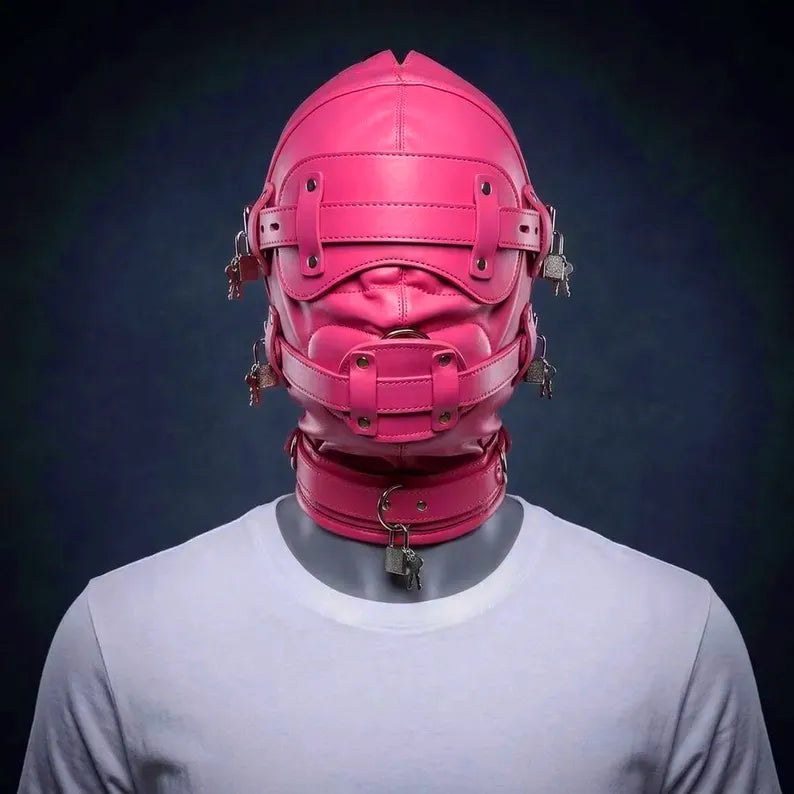 PU Leather Head Hood Blindfold Bondage with Dildo - Pink