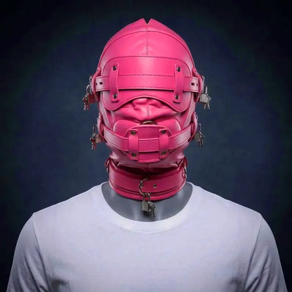 PU Leather Head Hood Blindfold Bondage with Dildo - Pink