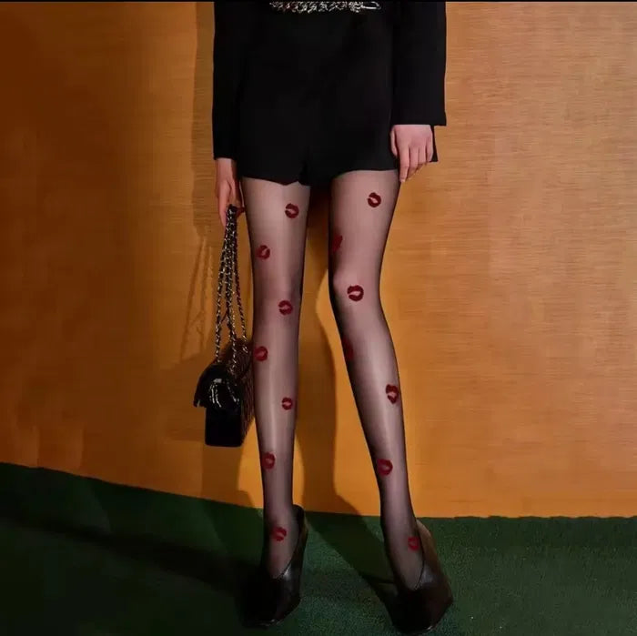 Seductive Sheer Kiss Print Pantyhose