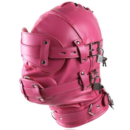 PU Leather Head Hood Blindfold Bondage with Dildo - Pink