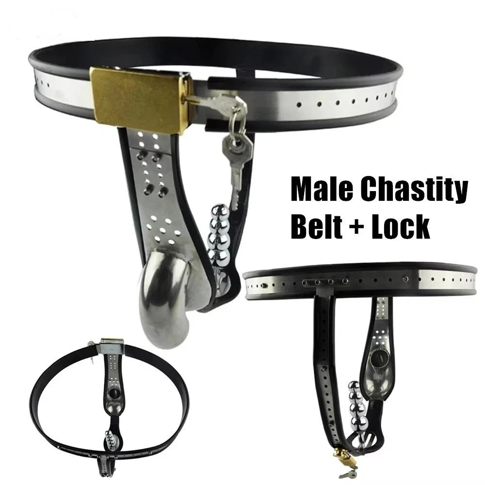 Male Stainless Steel Cage Chastity Belt with Butt plug