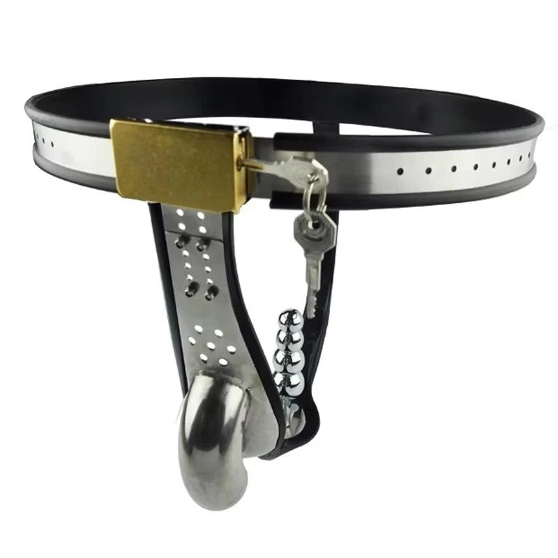 Male Stainless Steel Cage Chastity Belt with Butt plug