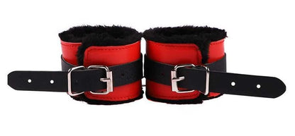 Hot Red Black Furry Leather Bondage Handcuff