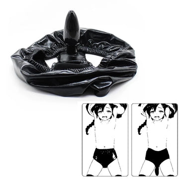 Black faux leather panty with upright dildo and two front/back style panels