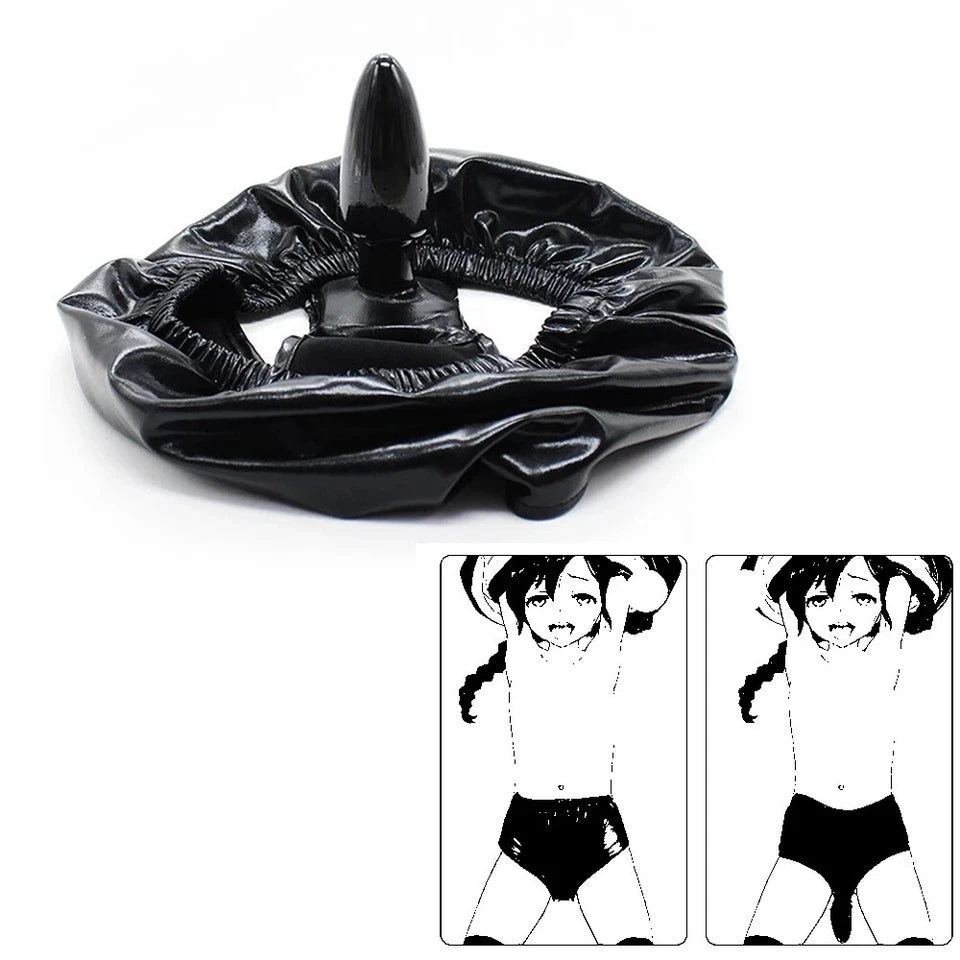 Black faux leather panty with upright dildo and two front/back style panels