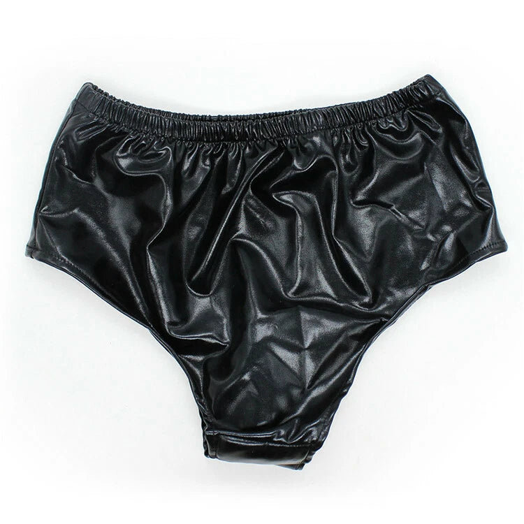Black faux leather high-cut panty with ruched elastic waistband