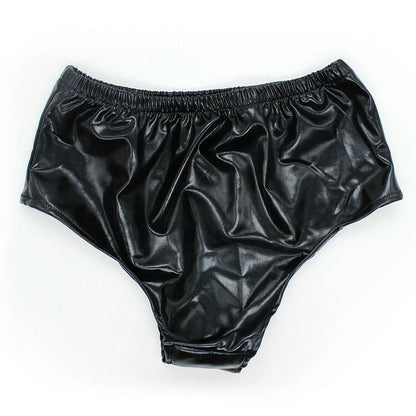 Black faux leather high-cut panty with ruched elastic waistband