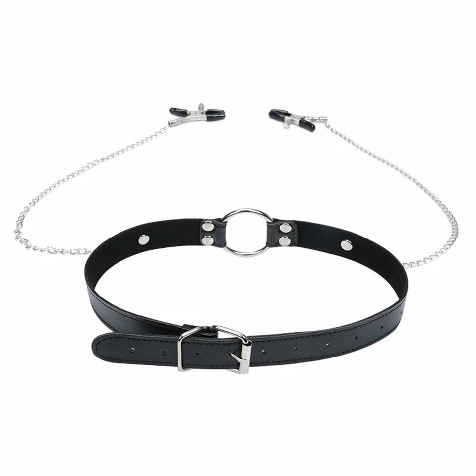 Metal Ring Leather Gag with Nipple Clamps