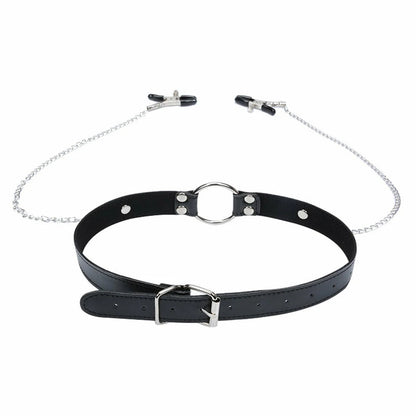 Metal Ring Leather Gag with Nipple Clamps