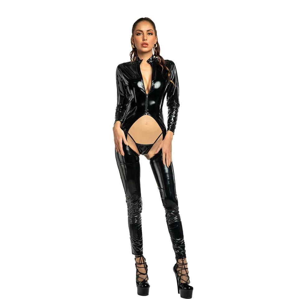 Latex Full Sleeves Cut out Catsuit
