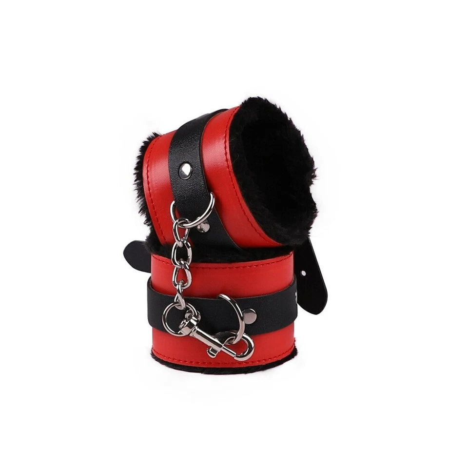 Hot Red Black Furry Leather Bondage Handcuff