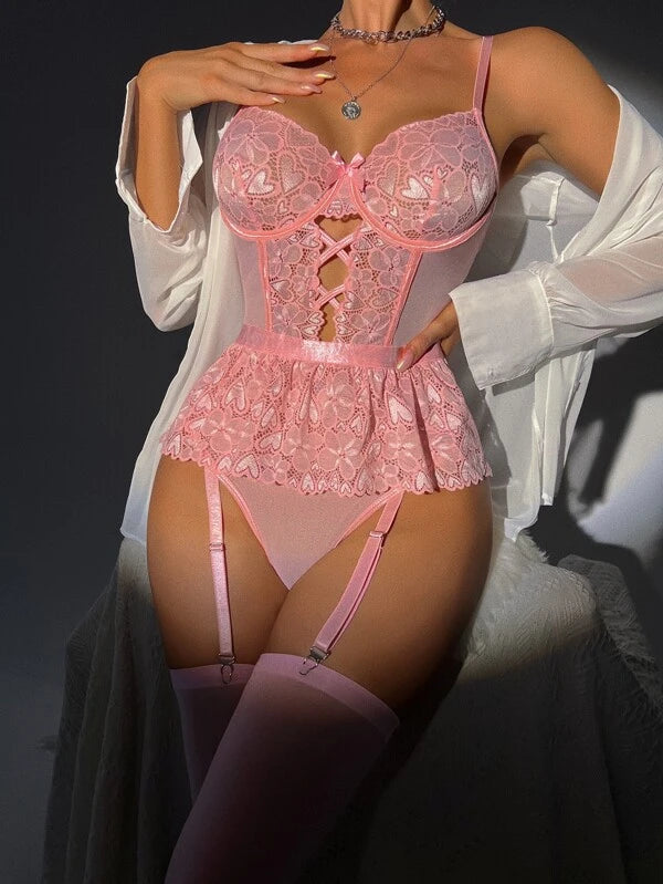 Pratiharye Floral Lace Crisscross Bow Front - Garter Underwire Teddy Bodysuit Set - Sexy Lingerie for Women - Garter Belt with Stockings