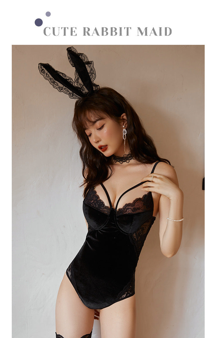 Pratiharye Black Bunny 5piece Costume with hairband and choker - Rabbit Outfit - Naughty Lovely Lingerie Set - Cosplay Costumes for Women - Bunny Bodysuit - Roleplay Sexy Dress - Roleplay (No stick)