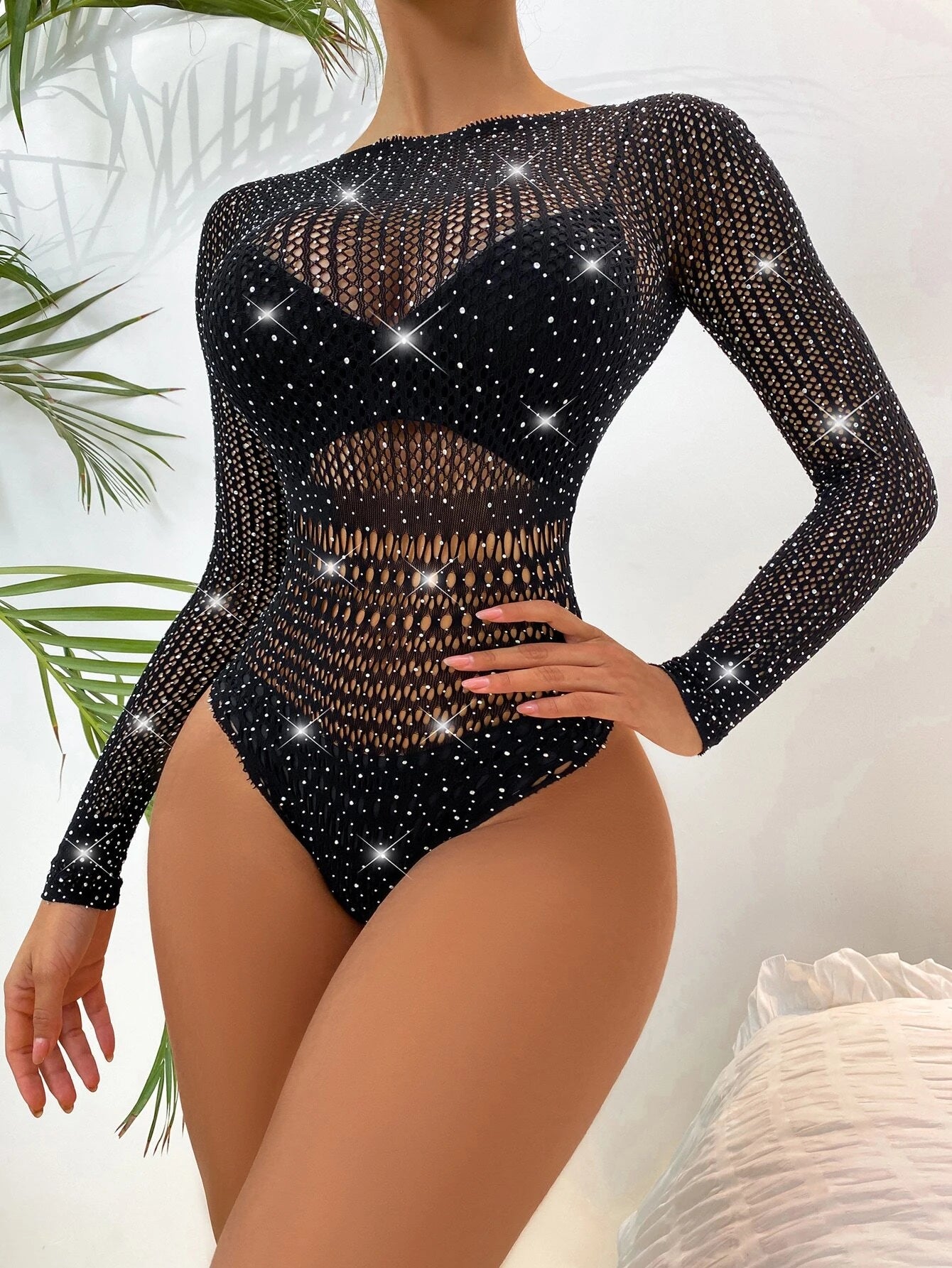 Rhinestone Fishnet Teddy Bodysuit