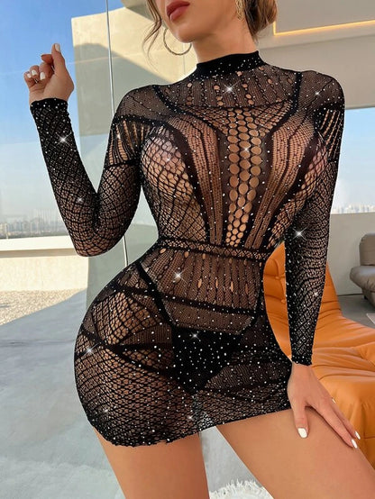 Pratiharye Rhinestone Studded Fishnet Teddy Bodysuit Without Lingerie - Bodystocking for Women - Sheer Bodysuits - Black