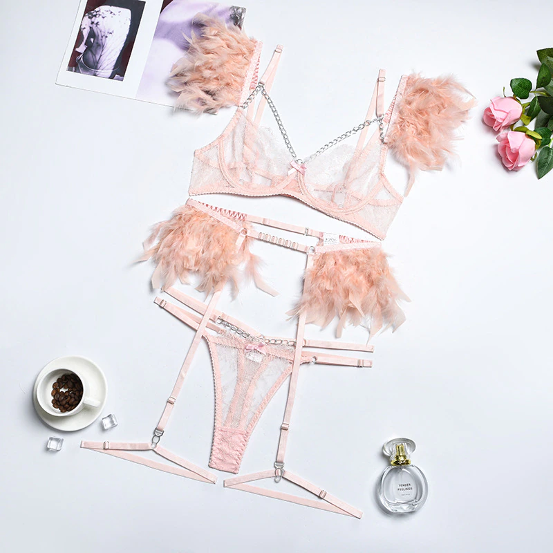 Pratiharye Premium 4 Piece Chain and Fur Linked Garter Set - Underwire Bra - Sexy Lingerie for Women - Honeymoon Dress - Lingerie Set - Babydoll Dress