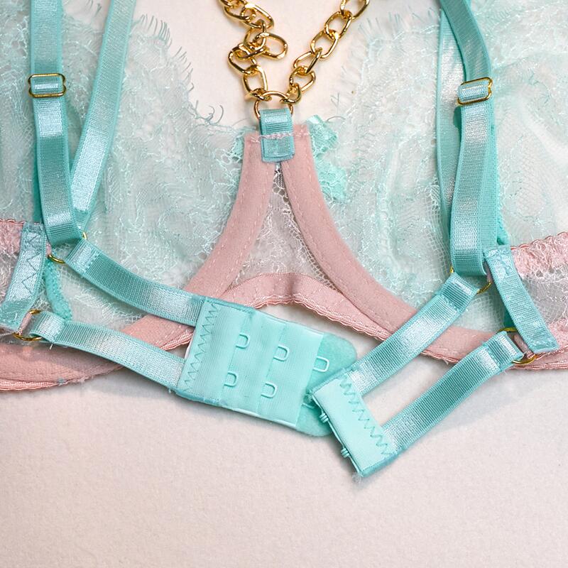 Pratiharye Premium 4 Piece Chain and Fur Linked Garter Set - Underwire Bra - Sexy Lingerie for Women - Honeymoon Dress - Lingerie Set - Babydoll Dress